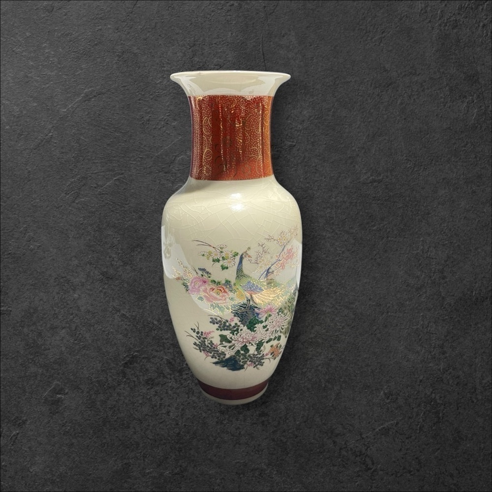 Vintage Japan Satsuma Floral Peacock 10 1/2” Vase Crackle Pattern - Picture 4 of 13
